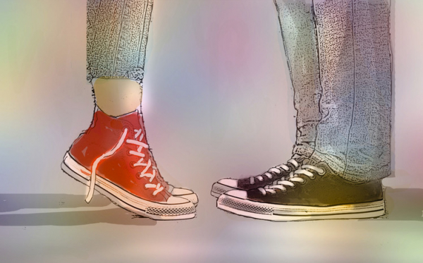 A conceptual drawing of a kiss showing two young people from below the knees, one on tiptoes in untied red sneakers and cropped pants, one in black sneakers